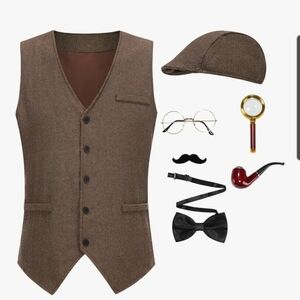 Classic Brown Detective  Tweed Vest with Accessories Size XL